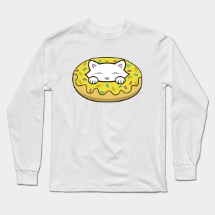 Cute white kitten eating a big yellow doughnut with sprinkles on top of it Long Sleeve T-Shirt